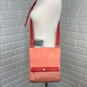 TUMI CARGO CROSSBODY SALMON COLOR WITH ORANGE LEATHER TRIM TRAVEL BAG